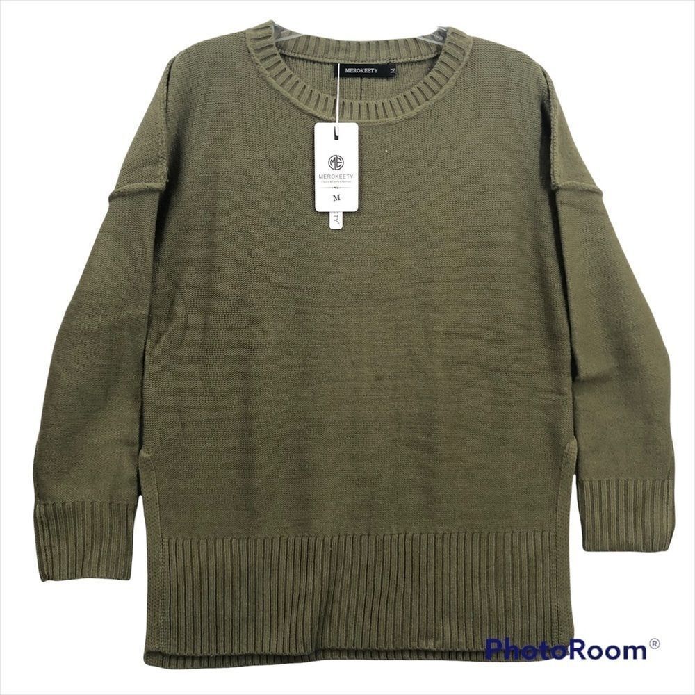 Merokeety Women's Army Green Pullover Crew Neck Sweater Size Medium NEW
